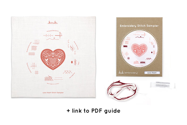 Kit de bordado "Sampler Corazón de Encaje" de Kiriki Press