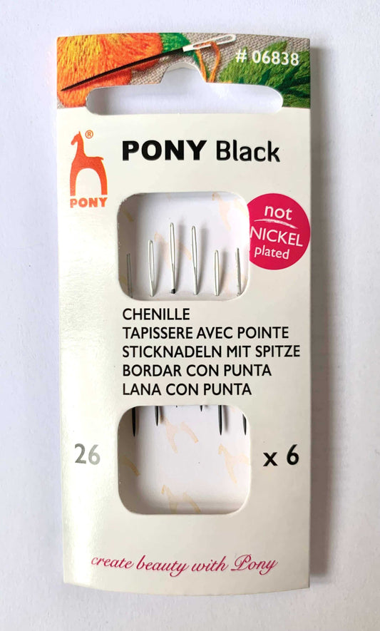 Pony Black agujas de chenilla hipoalergénicas con ojo blanco