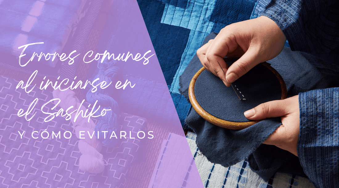 Hilo sashiko sobre tela azul con patrón geométrico