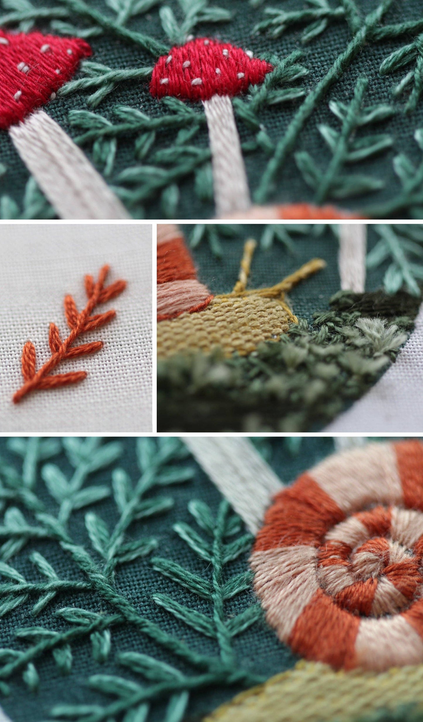 Detalle del kit de bordado de Kiriki Press del Sampler Suelo del Bosque con Setas y Caracol