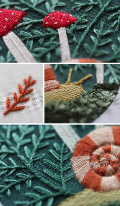 Detalle del kit de bordado de Kiriki Press del Sampler Suelo del Bosque con Setas y Caracol