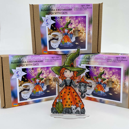 Kit de punto de cruz “Bruja con Gatos"