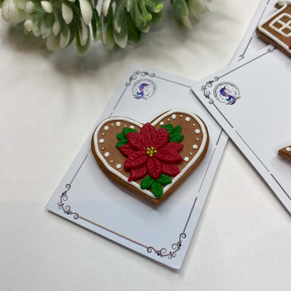 Imán sujeta agujas - Corazón de jengibre con Flor de Pascua