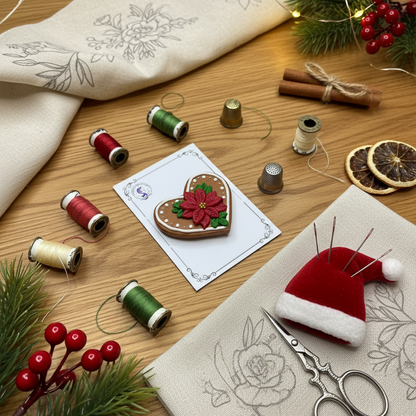 Imán sujeta agujas - Corazón de jengibre con Flor de Pascua